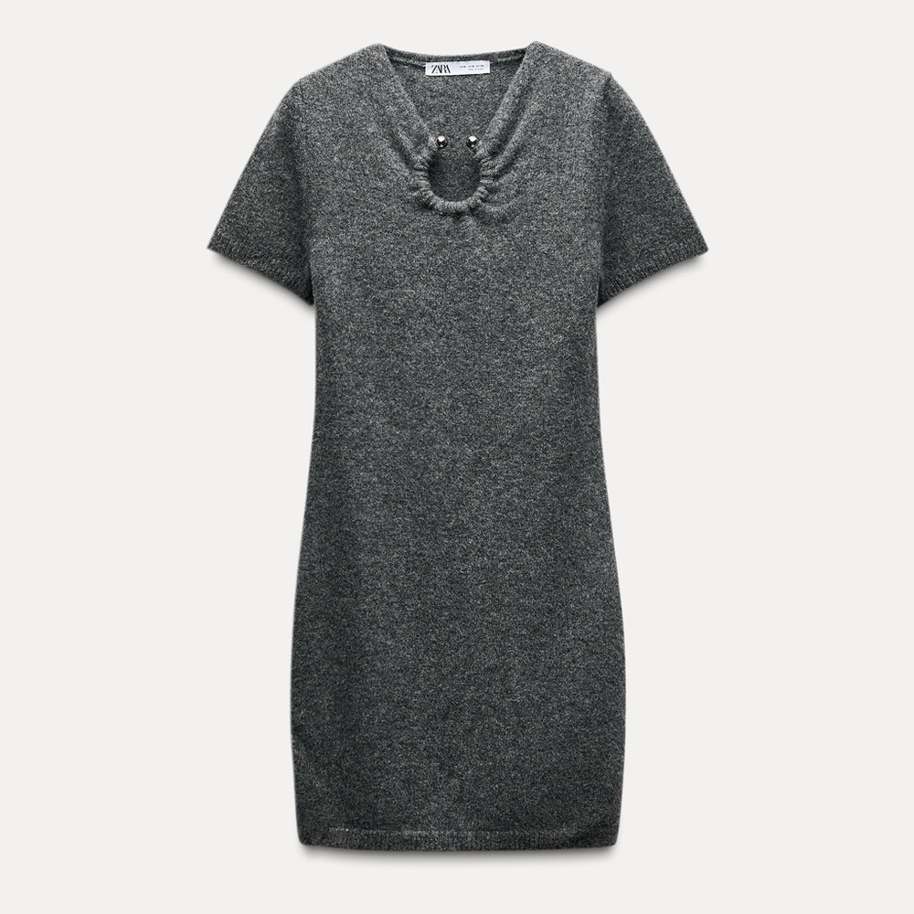 Zara NWT gray short sleeve sweater knit mini dress, silver ring metal applique - Picture 3 of 5